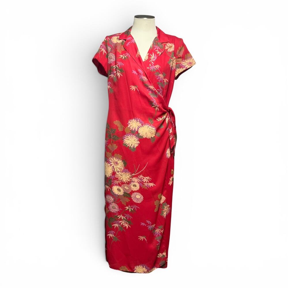 David Warren Vintage Made in USA Short Sleeve Wrap Top Dress Red Floral 12